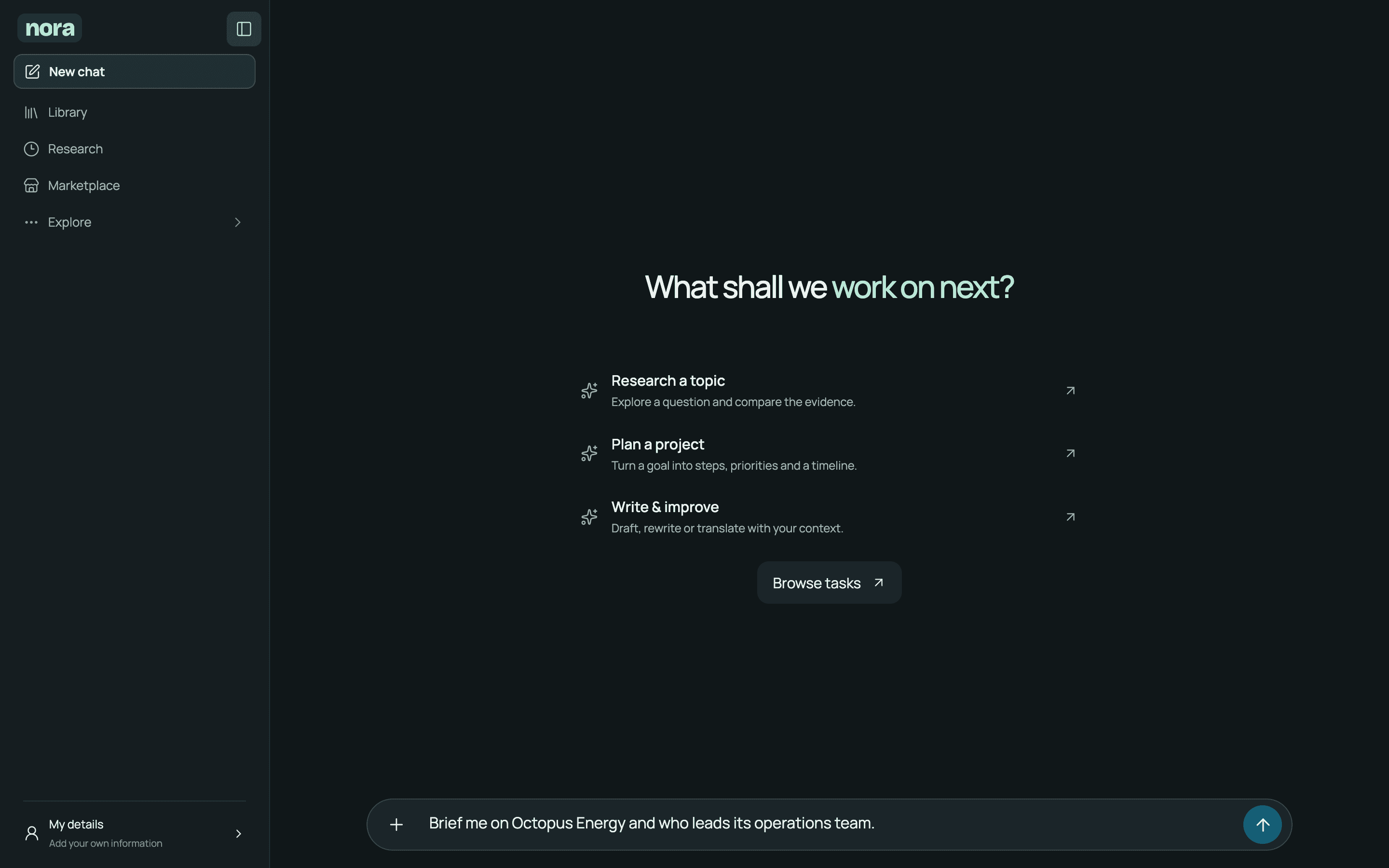 The Nora workspace with Library, Research, Marketplace and Explore in the sidebar and a research question in the composer.